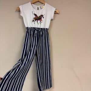 Jenna & Jessie Sequin Unicorn Jumper Girl's 5 Summer Blue Striped Pants Romper